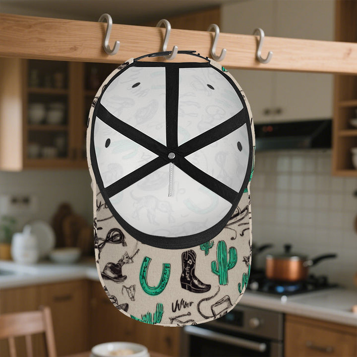 1 gorra de béisbol con estilo vaquero occidental - Gorra vibrante de poliéster con cierre ajustable, diseño completo con cactus, ideales para correr, deportes y ropa de calle al aire libre.