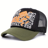 Esta malla ajustable y perforada es apta tanto para hombres como mujeres en estilo hip-hop. Cuenta con letras inglesas e ingeniosos bordados de temática urbana, ideal para deportes al aire libre, ciclismo, conductores de camiones y papás