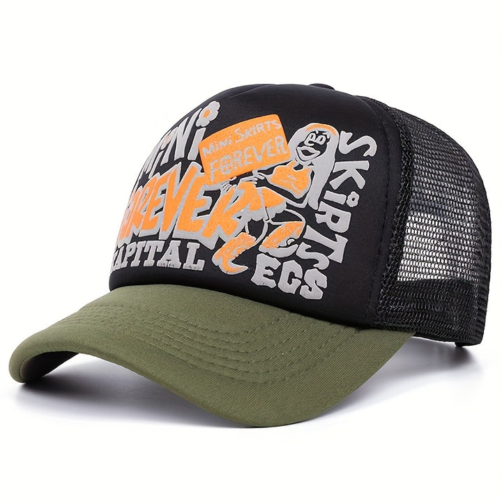 Esta malla ajustable y perforada es apta tanto para hombres como mujeres en estilo hip-hop. Cuenta con letras inglesas e ingeniosos bordados de temática urbana, ideal para deportes al aire libre, ciclismo, conductores de camiones y papás