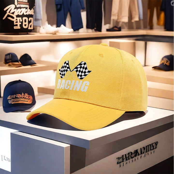 1pc Gorra de Béisbol Racing Trucker - Diseño con Bandera a Cuadros, Ligera y Transpirable para Deportes Motorizados, Ropa Casual Unisex para Hombres y Mujeres, Ajuste Cómodo, Ideal para Estilo Activo y Aficionados al Deporte