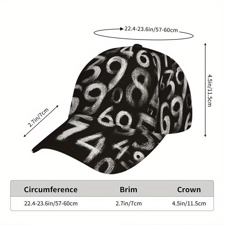 1 pieza de gorra de béisbol con números de pizarra 2D, ligera, de poliéster, con estampado vibrante completo, ideal para correr, deportes y ropa de calle, perfecta para Halloween, Acción de Gracias y Navidad.