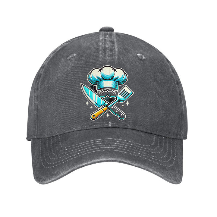 Gorra de Béisbol Ajustable y Ligera de Algodón para Chef - Gorra Negra con Sombrero de Chef Azul & Gráfico de Espátulas Cruzadas, Visera Curva para Hombres y Mujeres, Accesorios de Cocina al Aire Libre, Sombreros Casuales, Cabezal Cómodo