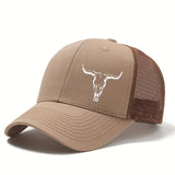 Gorra de béisbol para camionero, estilo vaquero occidental para hombre, con cuernos de toro y estampado de cowboy - Parte trasera de malla transpirable, cierre ajustable con visera, diseño estructurado de seis paneles, sombrero ligero para actividades al