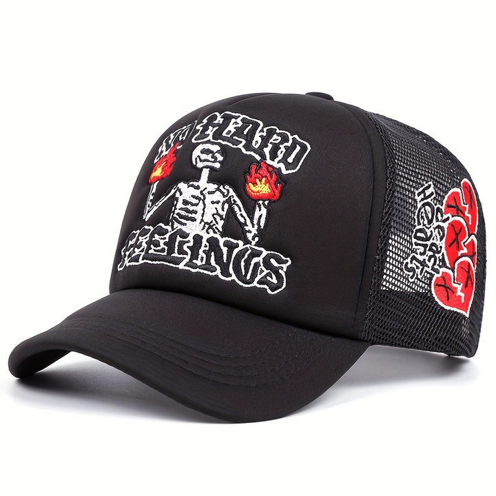 Gorra de camionero para hombres con bordado de calavera en llamas, rosa y amor, moda al aire libre, transpirable, para mujeres, estilo hip hop, protección solar, tela tejida