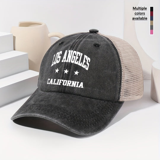Una gorra de béisbol con estampado de letras de Los Ángeles, California, para hombres y mujeres, con un diseño vintage lavado y respaldo de malla. Esta gorra ajustable es ideal para actividades al aire libre, ciclismo, viajes, camping, senderismo, pesca,