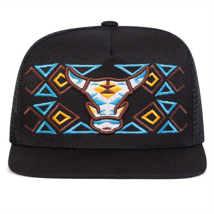 Gorra de béisbol para hombre con bordado de cabeza de toro, ideal para hip-hop, actividades al aire libre, gorra de malla ajustable para protección solar, perfecta para uso casual en viajes a la playa o vacaciones durante primavera y otoño