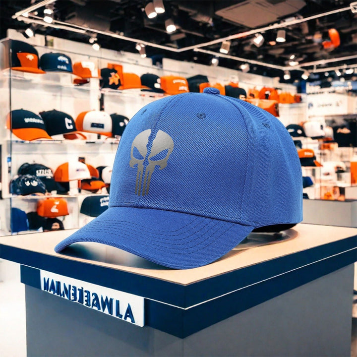 Gorra de Béisbol para Mujer con Estampado de Calavera Punisher - Ajustable, Ligera y Transpirable de Poliéster, Ideal para  y Senderismo, Negra con Estampado Blanco, Diseño Moderno de Estilo Urbano para Comodidad Todo el Año. Tejido de Tela