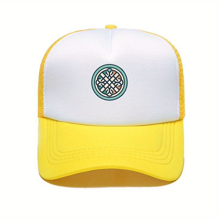 1 gorra de béisbol con nudo celta para hombres y mujeres - Gorra tipo trucker ajustable con patrón verde/blanco/rosa, trasera transpirable en malla, poliéster duradero - Unisex para festivales al aire libre, conciertos, pesca y estilo casual