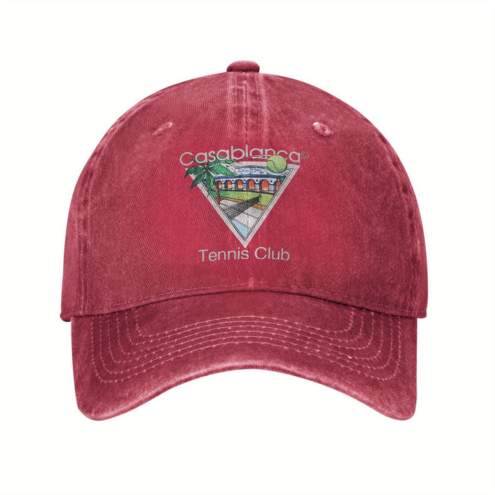 Gorra de Béisbol con Logo del Casablanca Tennis Club - Gorra Negra Lavada al Estilo Universitario Transpirable con Diseño Vibrante en Rosa y Azul, Regalo Ideal para Aficionados al Tenis, Golf o Running