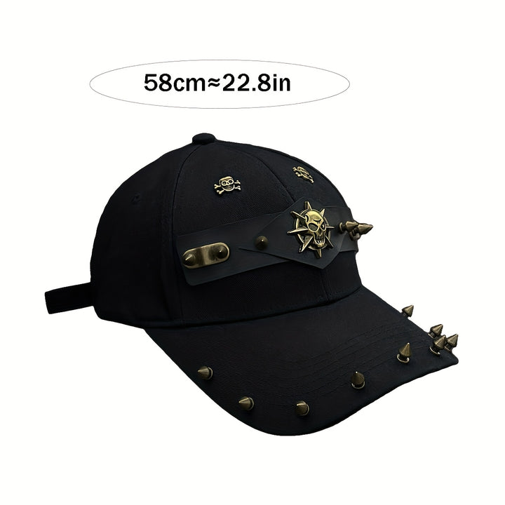 1 gorra de béisbol estilo punk con diseño de calavera y tachuelas, ajustable con cierre trasero, poliéster negro, accesorio de moda urbana para el día a día o looks festivos, sombrero casual | Estilo urbano atrevido | Ojillos metálicos