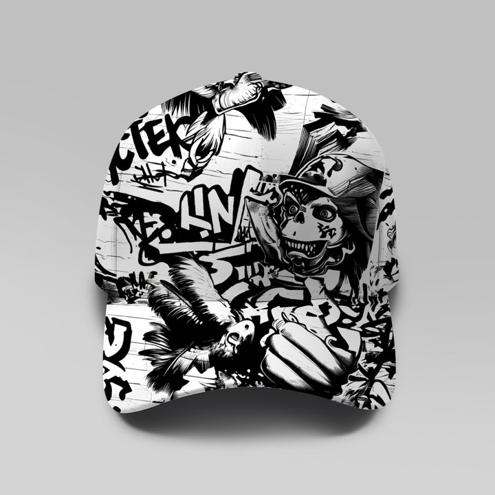 Gorra de Béisbol Ajustable y Ligera con Diseño Graffiti Streetwear (Patrones de Calavera y Pájaro) - Sombrero de Moda Urbana /Blanco, Lavable a Máquina para Looks Casuales