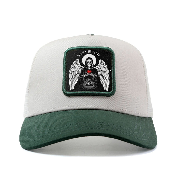 Gorra de Béisbol Gótica Mexicana con Arte Popular Santa Muerte para Hombres y Mujeres - Gorra Trucker Ajustable Snapback, Parte Trasera Transpirable en Redeza, Panel Frontal Blanco & Visera Negra, Sombrero Casual Unisex al aire Libre Verano para Hombre, m
