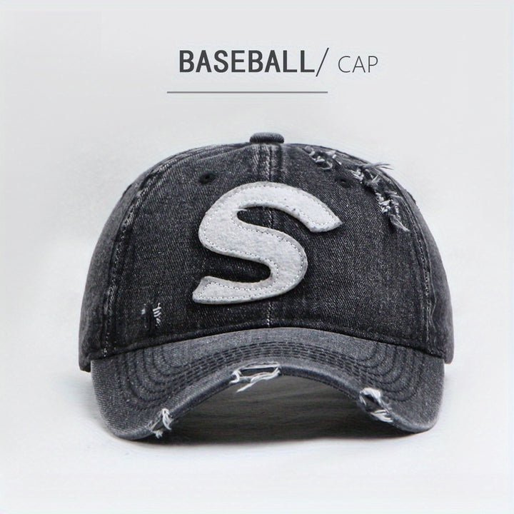 Gorra de Béisbol de Denim Lavado de Alta Calidad para Mujeres con Diseño Desgastado, Letra Grande S a la Moda, Gorro Duckbill Versátil y Casual para Hombres