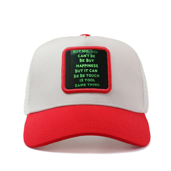 Gorra de Camionero Ajustable para Hombres y Mujeres con Frase Motivacional Dinheiro vs Felicidade e Estampa Verde - Parte Trasera en Red Transpirable, Gorro Ligeto Casual Deportivo o Streetwear Unisex Ideal Para el Otoño/Verano (Talla Única, 54.86-59. 94c