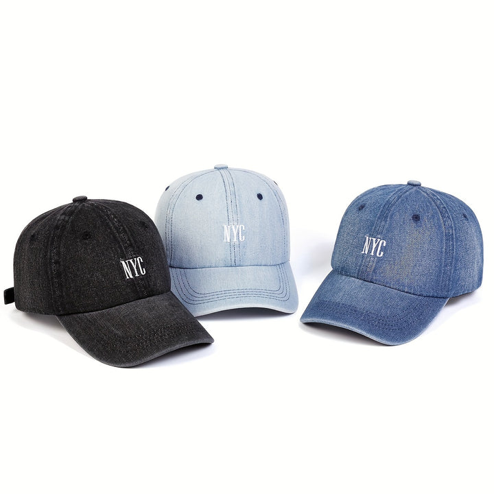 1pc Gorra de béisbol de denim bordado para mujer de Nueva York, 100% poliéster, ajuste ajustable, protección solar, gorra casual para primavera y otoño, accesorio de playa y fiesta