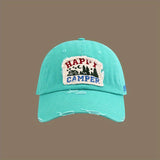 Gorra de Béisbol Happy Camper con Parches - Ajustable con Cierre Snapback, Poliéster Ligero, Diseño Desgastado con Gráficos de Bosque y Fuego de Camping, Ropa Casual Unisex para Aficionados al Exterior