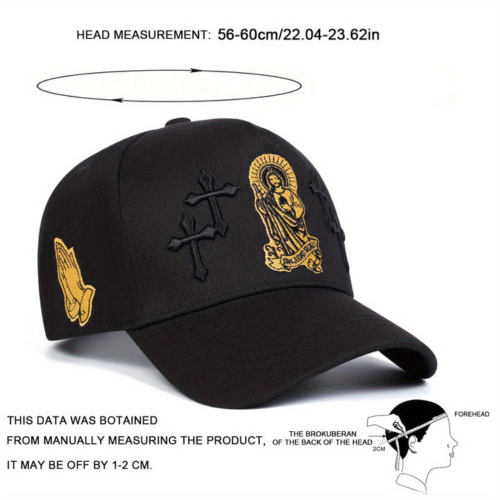 Gorra de béisbol con cruz de Jesús para hombre - ajustable con cierre de clic, ligero poliéster, negro con diseño de cruz dorada y halo, ideal para exteriores, uso casual, primavera y otoño, vacaciones de playa, viajes, sombrero de playa