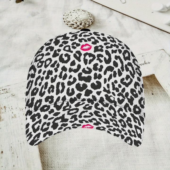 Gorra de Béisbol con Estampado de Leopardo y Besos Rosados - Gorra Unisex Ajustable Ligera y Transpirable para Deportes, Viajes al Aire Libre, Sombrero Glamuroso Todo el Año, Lavable a Máquina, Regalo Festivo, Accesorio Divertido y Duradero