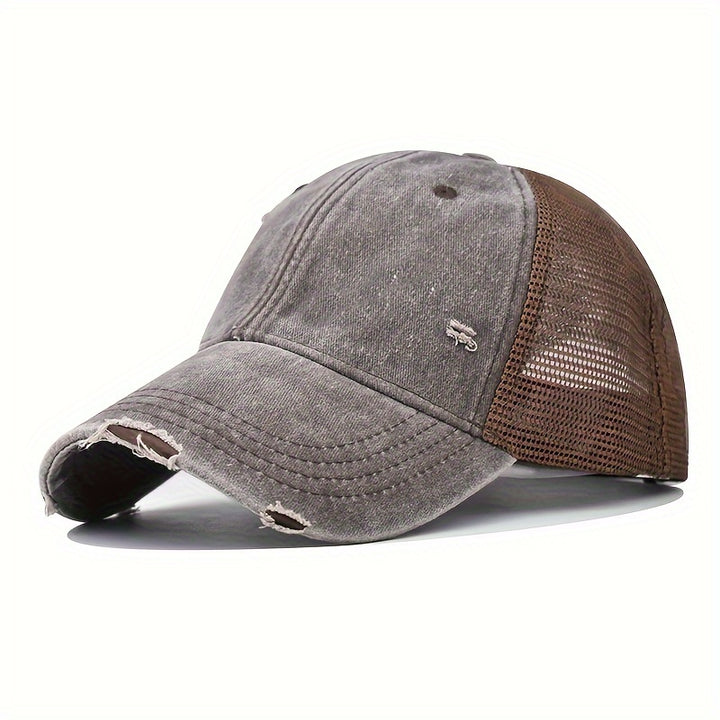 Gorra de Béisbol Transpirable para Mujer con Lavado Desgastado y Agujeros Aleatorios - Gorra Ajustable Snapback para Deportes al Aire Libre, Uso Casual - /Gris Oscuro/Beige/Amarillo, Sombrero de Malla Ventilada