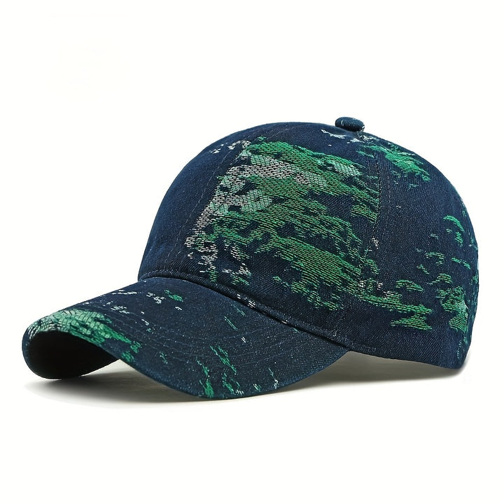 1 gorra de béisbol ajustable - Parte superior suave, tejido jacquard, absorción de humedad, ideal para viajes al aire libre, uso casual y deportes - Azul con patrón naranja y blanco, gorra de béisbol ajustable | Gorra con patrón vibrante | Diseño elegante