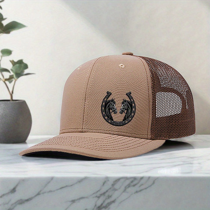 Gorra de béisbol negra para hombre con estampado de herradura de caballo doble, transpirable y ajustable, diseño ligero y duradero, ideal para deportes al aire libre y uso casual | Gorra ajustable | Tela de malla transpirable
