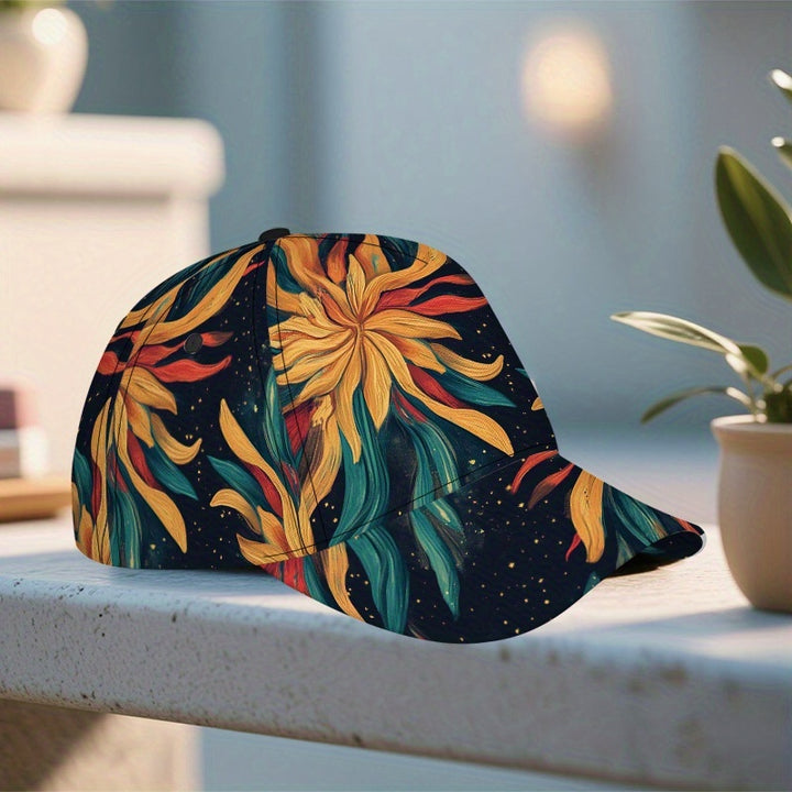 1 Gorra de béisbol con estampado de flujo Radiant Sunburst - Sombrero ajustable con cierre a presión, diseño floral vibrante y noche estrellada, ligera, perfecta para salidas diarias, reuniones de grupo, Navidad, ropa casual, sombrero casual, sombrero ele