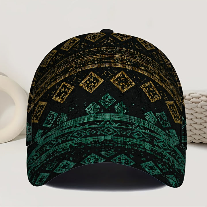 1 pieza, gorra de béisbol con estampado de laberinto de píxeles geométricos 2D, ajustable con diseño vibrante negro y azul claro, ideal para deportes, correr, moda urbana al aire libre y celebraciones de vacaciones (Halloween/Día de Acción de Gracias/Navi
