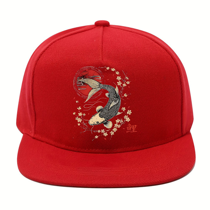 1 pieza, gorra de béisbol japonesa con peces koi y flores de cerezo - Gorra negra con sol rojo, cierre ajustable de snapback, ala plana ligera y no elástica para hombres y mujeres - Calle Y2K, anime, cosplay, uso diario - Gorra de exterior para todas las