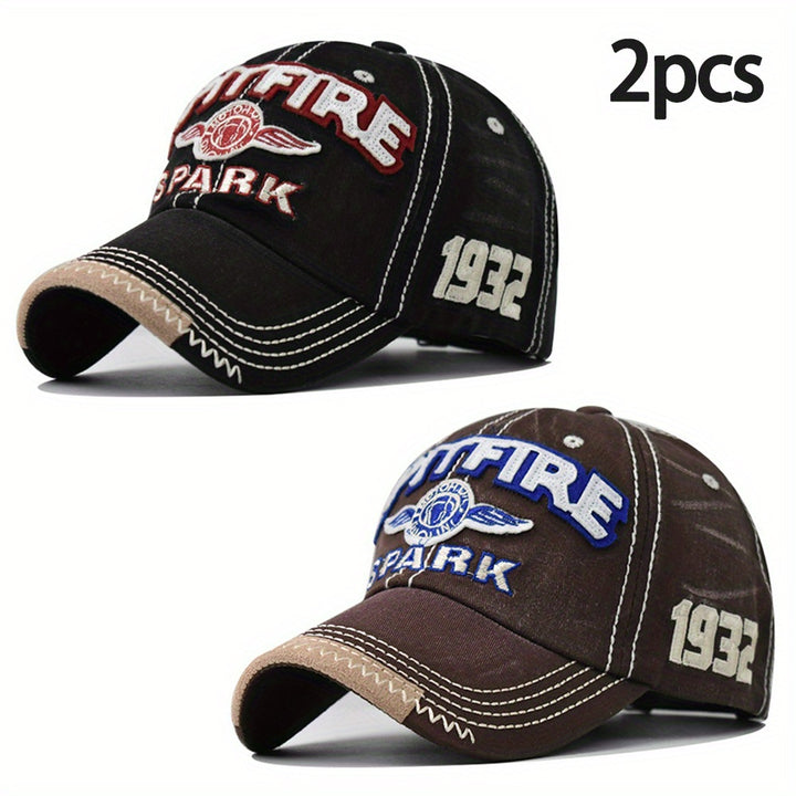 2 piezas de gorras de béisbol con bordado de letras grandes SPARK - Negras desgastadas con logotipo rojo y blanco, algodón, tejido no elástico, lavado a mano o limpieza en seco, estilo casual al aire libre