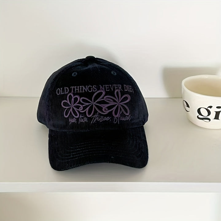 Gorra de béisbol retro floral para mujer con texto japonés y adornos florales - Cierre ajustable snapback, ajuste estructurado ligero