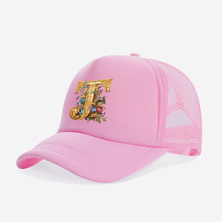 Gorra Trucker para Jóvenes con Diseño de Letra A Floral Dorada - Protección Solar Transpirable, 100% Poliéster, Cierre Ajustable con Broche, Rosa para Primavera/Verano, Regreso a Clases y Día del Maestro (Edades 3-14)
