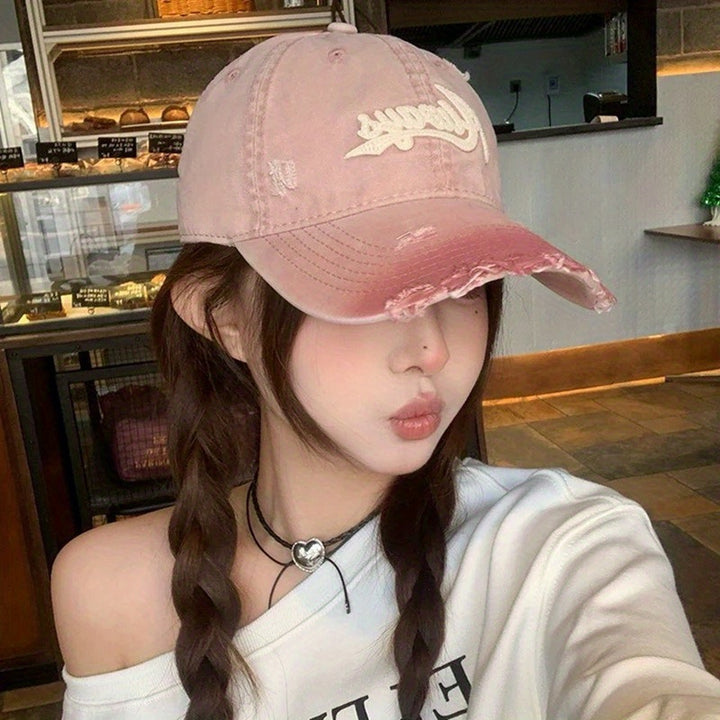 Gorra de Béisbol Rosa con Letras y Efecto Desgastado para Hombres e Mujeres, Nueva Gorro Unissex Versátil