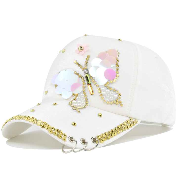 Gorra de béisbol blanca estilo punk para mujer con mariposa de diamantes de imitación brillantes y hebilla de anillo de metal - Cierre ajustable snapback, visera adornada en 3D, ajuste sin elasticidad para fiestas, escenarios, atuendos diarios - Sombrero