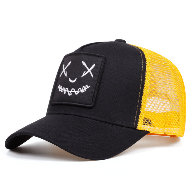 Gorra de camionero retro para hombres con parche de cara alegre y respaldo de malla - Gorra suave y transpirable, gorra casual para todas las estaciones en /blanco/azul marino/rojo/gris/azul - Ajuste estructurado para uso diario y eventos temáticos (Mardi