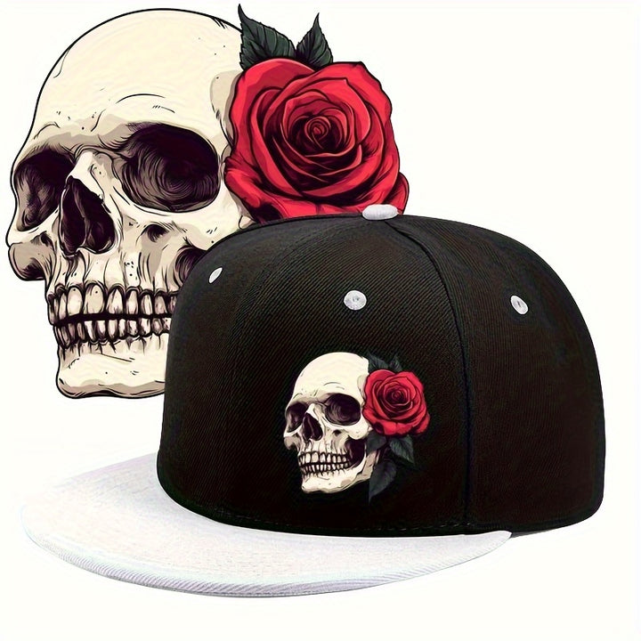 2D Plano - Un sombrero 2D plano con diseño de rosas y calaveras, con una borla lisa de color sólido, lo que lo convierte en una excelente opción de regalo para cualquier persona.