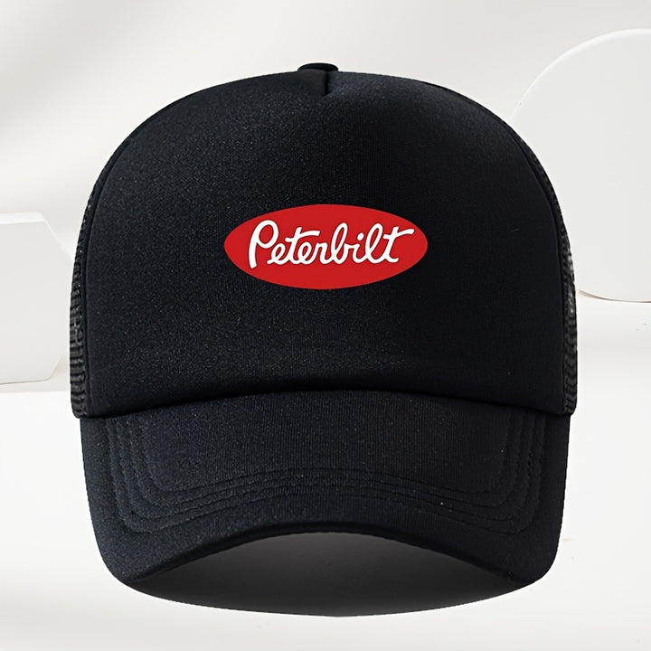 Un sombrero de béisbol de malla transpirable para hombre, estilo callejero, con estampado de Peterbilt rojo, ideal para el verano al aire libre y para conductores de camiones de estilo casual.