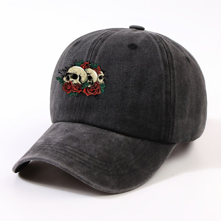 1 Gorra de béisbol impresa con un solo auricular, lavada a mano, ajustable, ligera, no elástica, con tema de vacaciones, diseño de rosa y calavera, para hombres, mujeres, ciclismo urbano al aire libre, todas las estaciones.