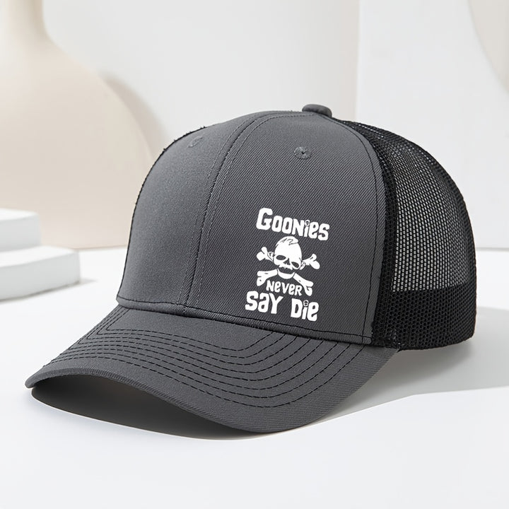 Goonies Never Say Die Gorra de Camionero con Calavera y Huesos Cruzados - Gorra Ajustable Transpirable para Hombres y Mujeres, Diseño /Blanco para Deportes al Aire Libre, Senderismo, Pesca (Primavera/Verano), Ropa Temática Fantástica, Fácil Cuidado