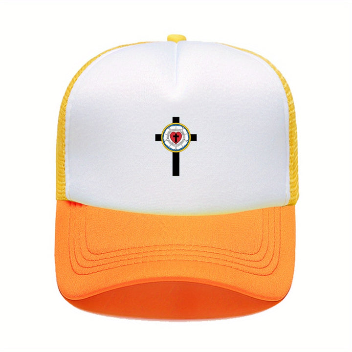 1 pieza de gorra de béisbol con cruz de rosa de Lutero - Diseño de dos tonos rosa y blanco con cruz negra, poliéster, ajustable con cierre de presión, perfecta para golf, deportes y uso casual, idea de regalo para el Día de la Madre, gorro casual | Gorra