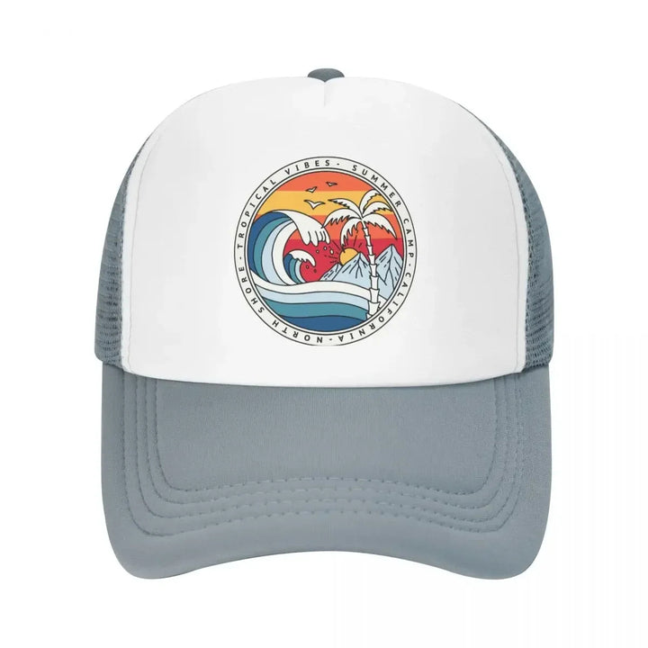 Gorra de béisbol Y2K California Beach Surfing Snapback para hombres y mujeres, tela de poliéster elástica mediana, estilo veraniego de surfista, lavable en máquina, plástico PVC - Blanco y Negro