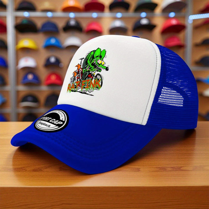 1 pieza de gorra de béisbol de dibujos animados Rat Fink - Tejido de malla transpirable verde y rojo, gorra ligera para golf, pesca y uso casual, lavable en máquina, ropa de cabeza para exteriores | Diseño juguetón | Equipo de cabeza duradero