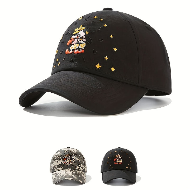 Gorra de béisbol de camuflaje negro para hombres y mujeres con personaje de caricatura bordado - Streetwear elegante, protector solar, ajustable con cierre de presión, material de poliéster, lavable a mano, equipo de cabeza para exteriores | Gorra de esta