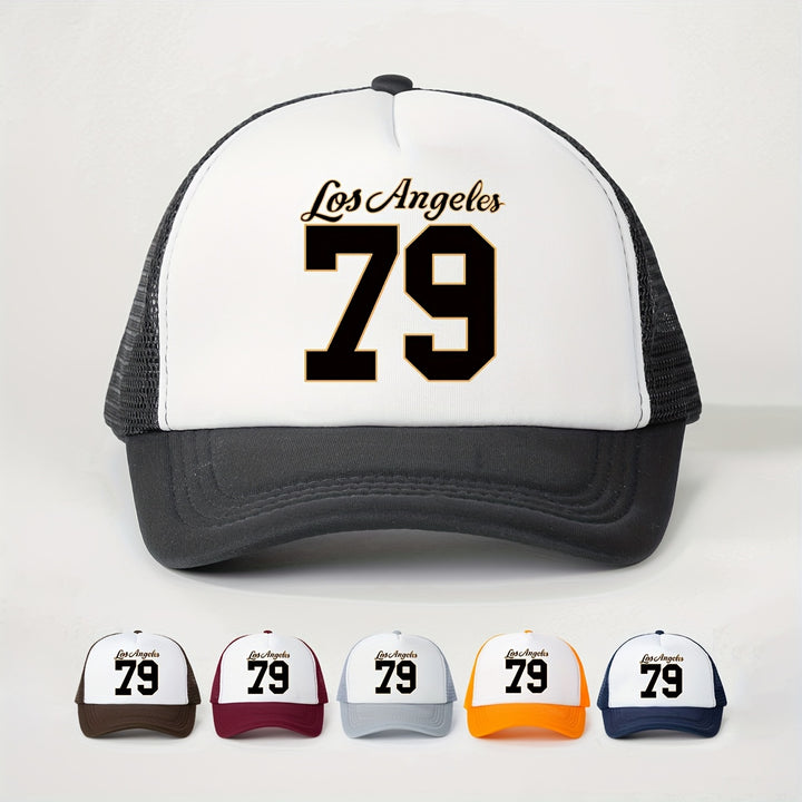 1 Gorra de Malla Estampada Los Ángeles 79 para Todas las Estaciones, Sombrero de Béisbol Unisex Transpirable Ajustable con Visera Curva para Golf y Moda Veraniega para Mujeres, Gorra de Camionero Y2K para Parejas, Gorra de Papá