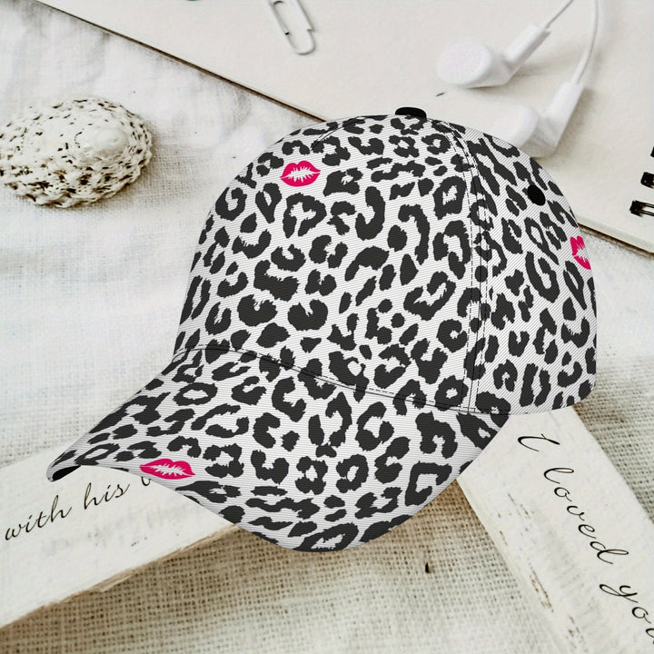 Gorra de Béisbol con Estampado de Leopardo y Besos Rosados - Gorra Unisex Ajustable Ligera y Transpirable para Deportes, Viajes al Aire Libre, Sombrero Glamuroso Todo el Año, Lavable a Máquina, Regalo Festivo, Accesorio Divertido y Duradero