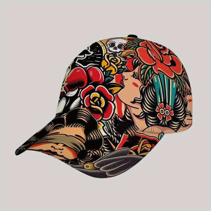 Gorra de Béisbol Hip-Hop Transpirable con Diseño Vibrante de Flores y Calaveras - Cierre Ajustable para Playa, Actividades al Aire Libre, Pesca, Vacaciones - Regalo Casual para Padres, Amigos, Vecinos