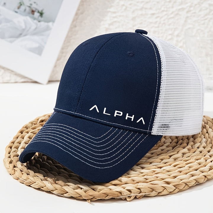 Gorra de béisbol ajustable Alpha Logo, negra y blanca, con malla transpirable en la parte trasera, ideal para conductores, mujeres y hombres, lavable a máquina, gorra de verano