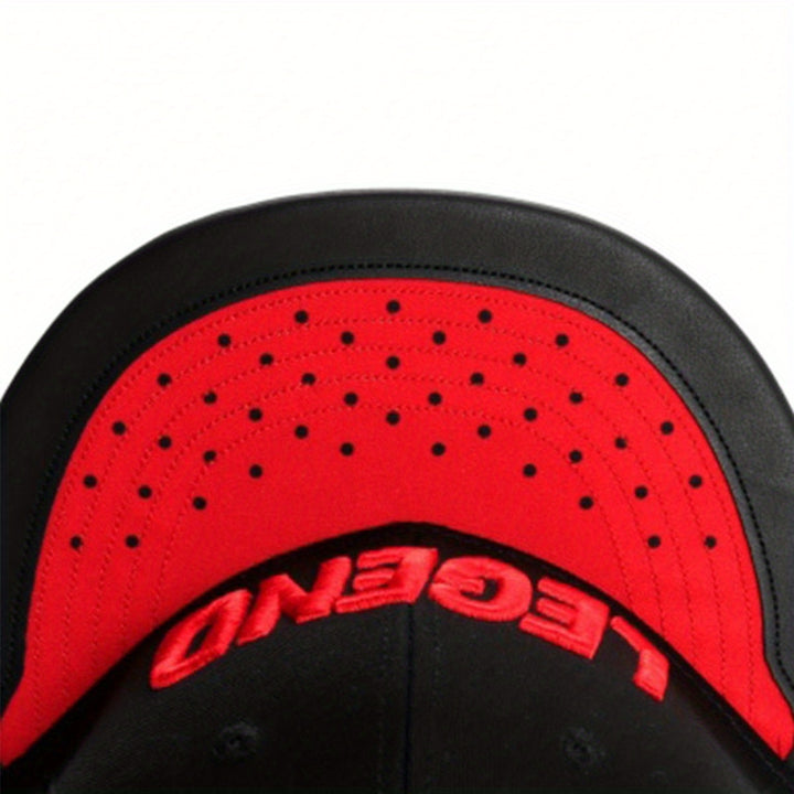 Gorra de basquetbol LEGEND Snapback - negra con brim roja, poliéster respirable, ajustable para adultos, ideal para actividades al aire libre en año nuevo, gorra deportiva|aspecto deportivo|gorra de poliéster