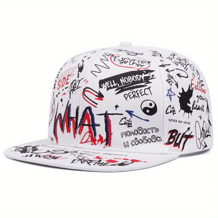 Gorra Snapback de Dos Estilos con Diseño Graffiti Moderno - y Visera Blanca, Arte Doodle Expresivo y Textos Atrevidos, Cierre Ajustable, Tela de Alta Calidad para Uso Casual al Aire Libre, Moda Urbana, Material Transpirable, Gorra Cómoda y Elegante, Ideal