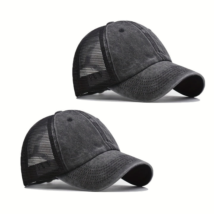 Tela. 2 piezas Extra Grandes XXL Gorras de Béisbol de Malla Negra para Hombre y Mujer - Gorras de Camionero Ligeras y Transpirables con Cierre Ajustable Snapback, Diseño Negro Lavado, Estilo Casual, Malla. Tela.