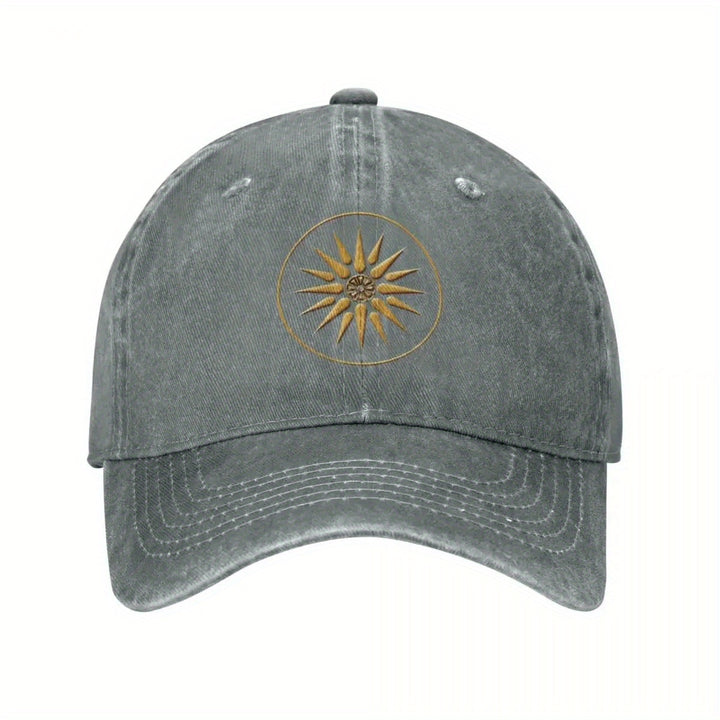 Gorra de Béisbol Dorada con Símbolo de Macedonia - Gorra Ajustable Snapback, Diseño de Seis Paneles en Denim Transpirable para Hombres y Mujeres, Estilo Casual Urbano (Lavable a Máquina) - Uso Formal y Diario, Sombrero Versátil, Emblema Impreso, Cómoda y